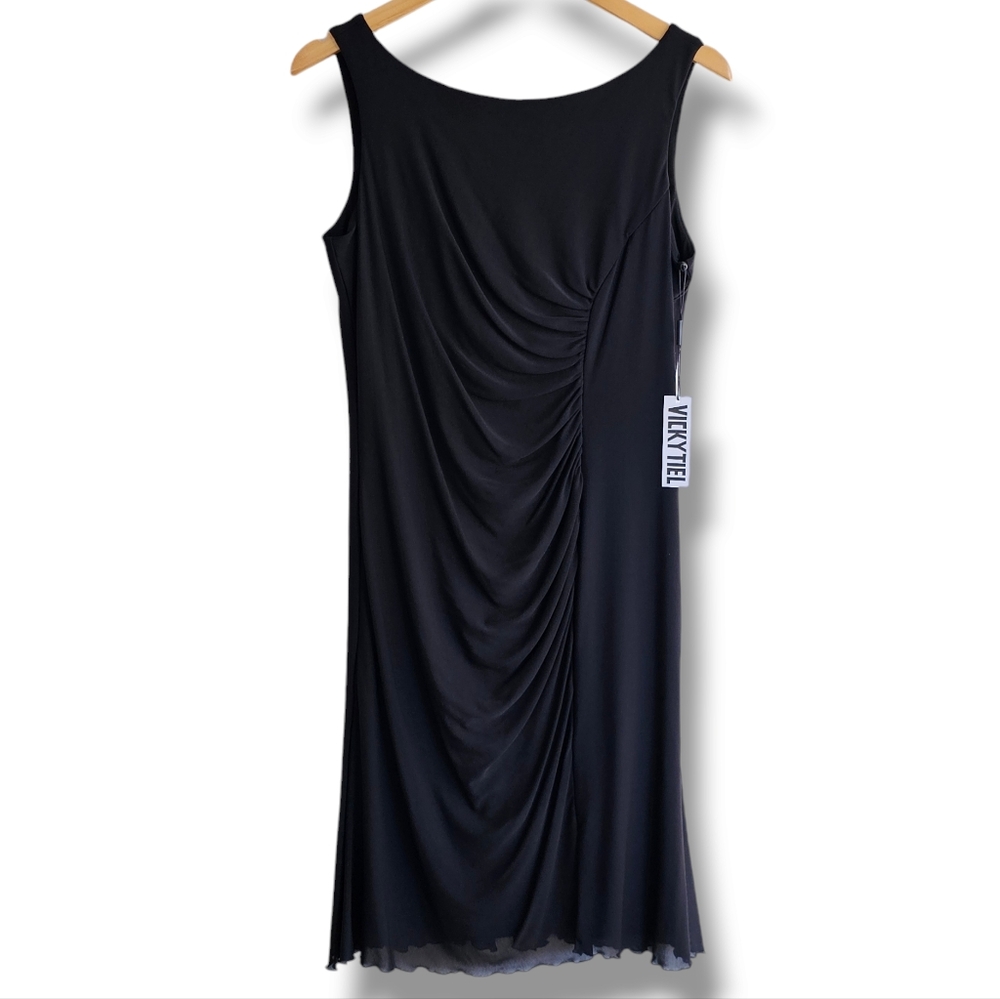 Vicky Tiel Dress Size M Black Sleeveless Ruched Cocktail‎ Dressy LBD Evening NEW